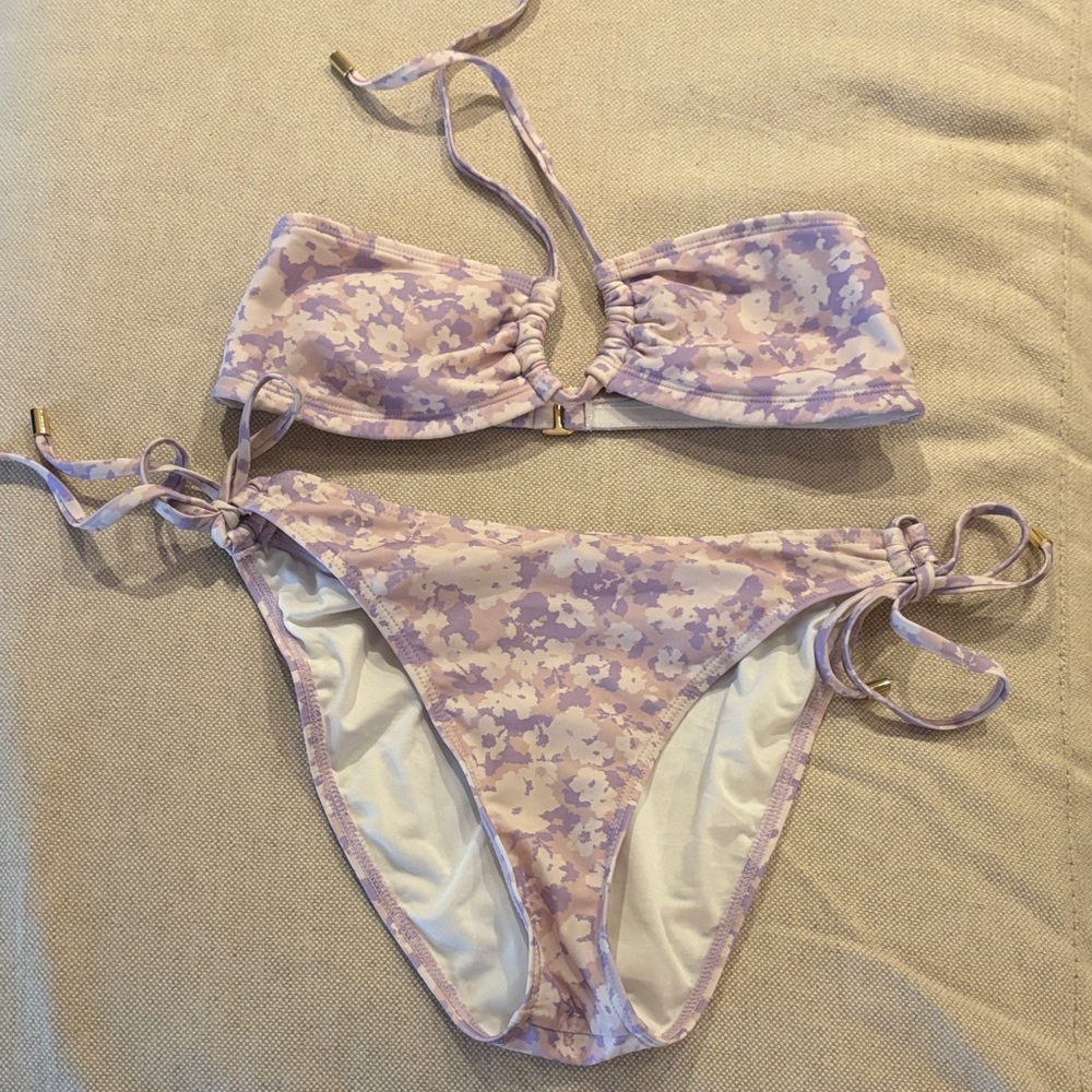 Peony lavendar floral side tie bandeau bikini